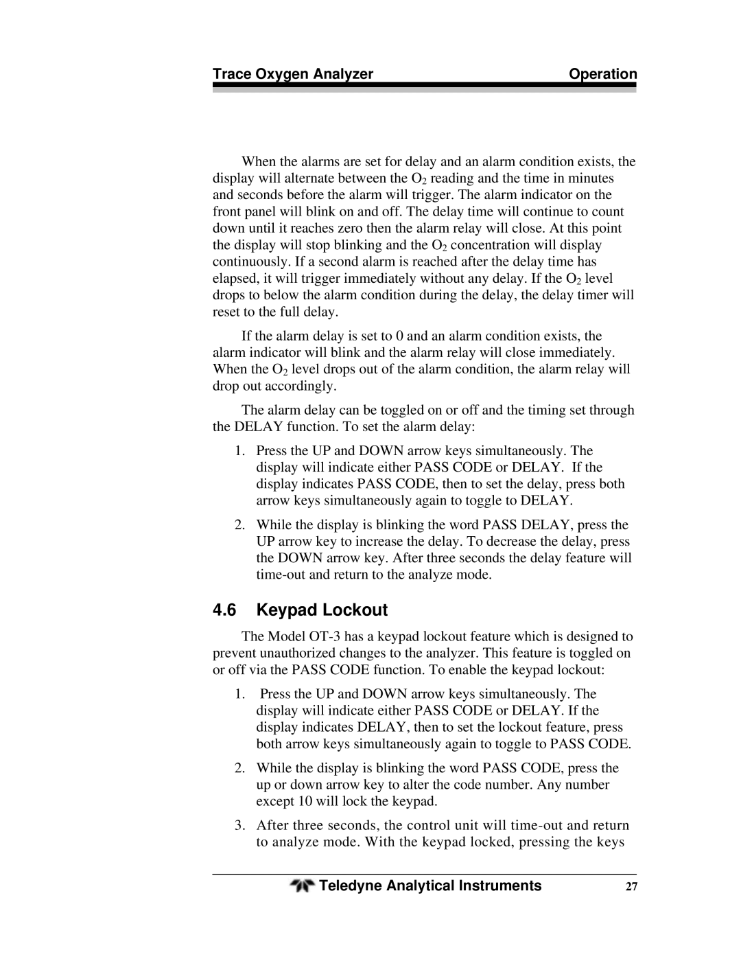 Teledyne OT-3 operating instructions Keypad Lockout 