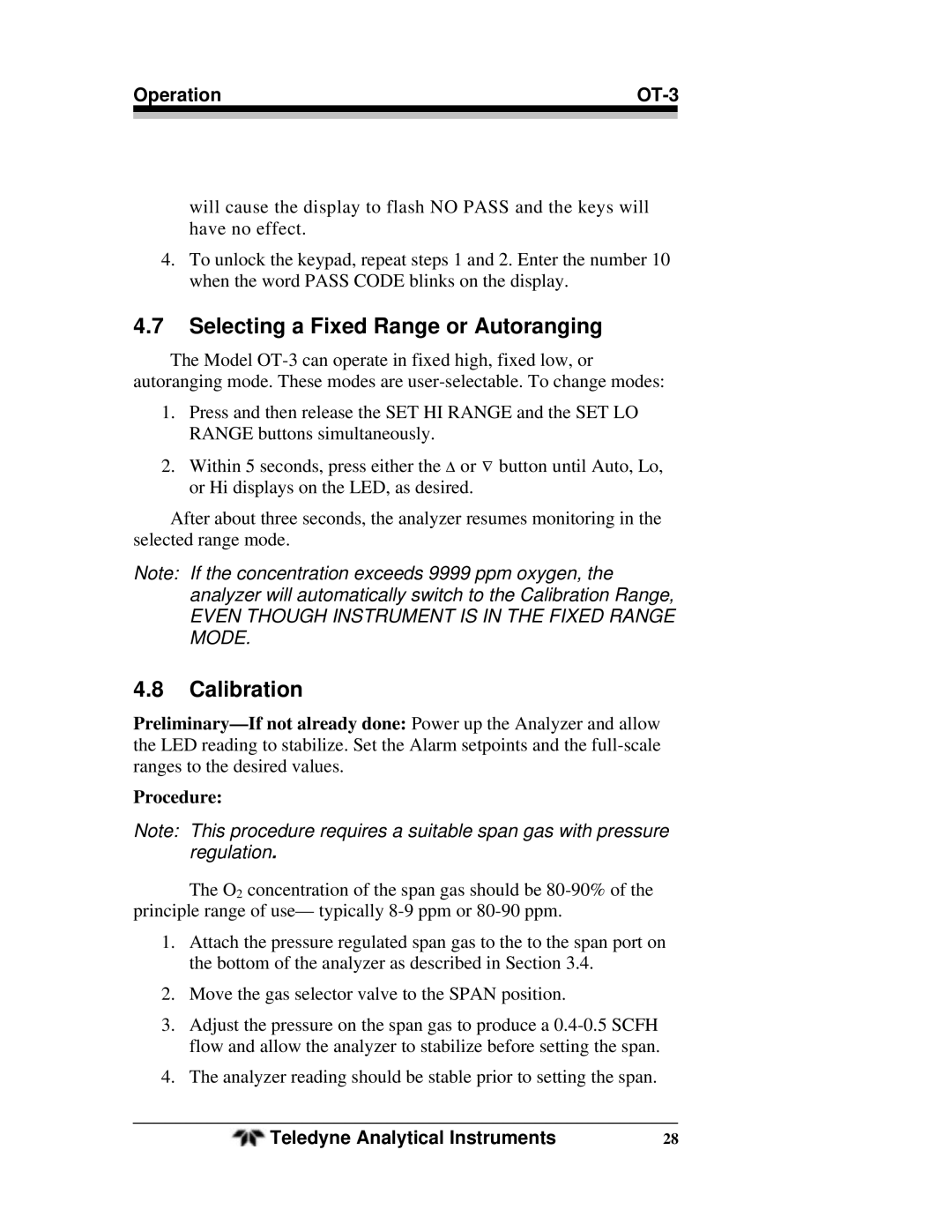 Teledyne OT-3 operating instructions Selecting a Fixed Range or Autoranging, Calibration 