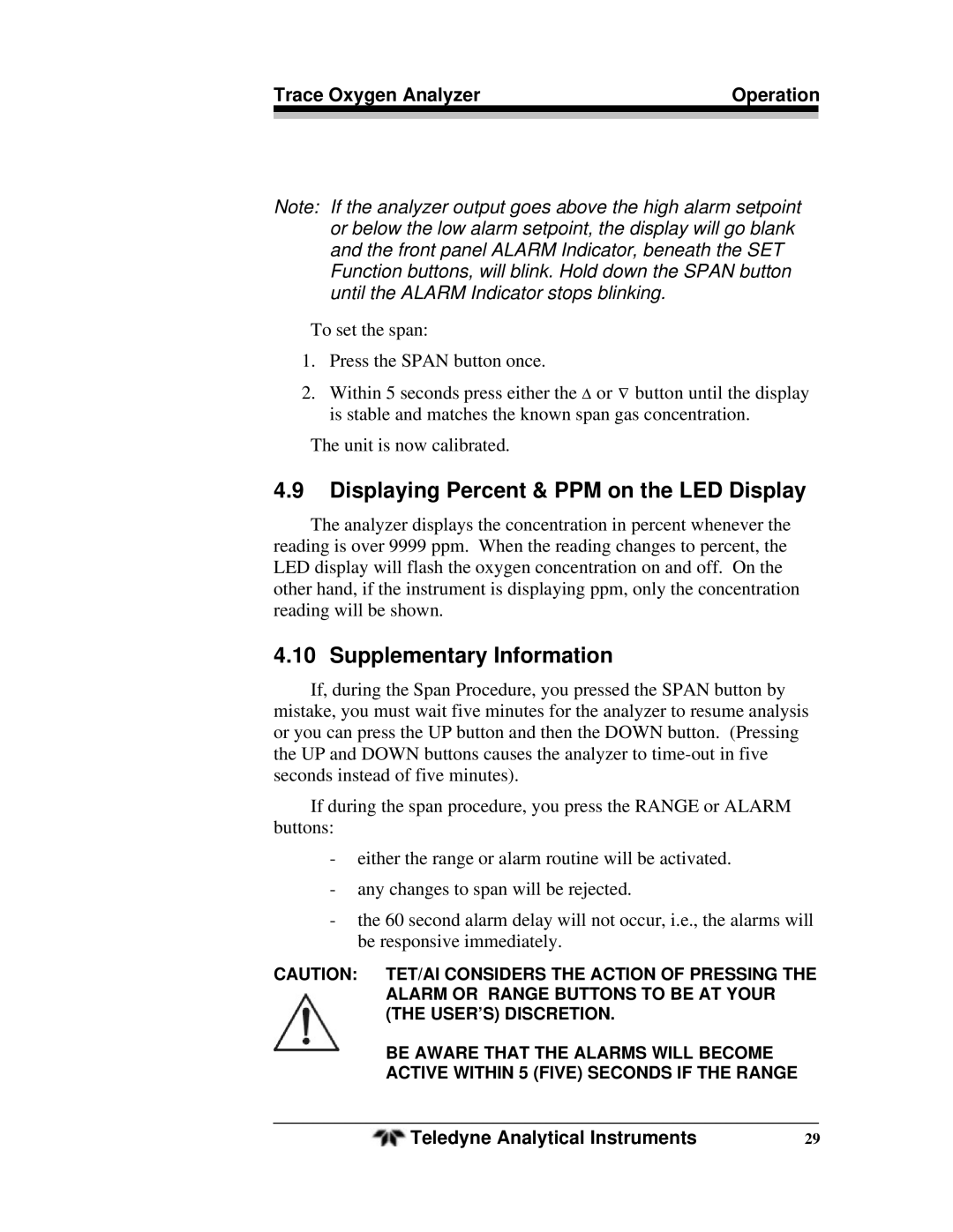 Teledyne OT-3 operating instructions Displaying Percent & PPM on the LED Display, Supplementary Information 