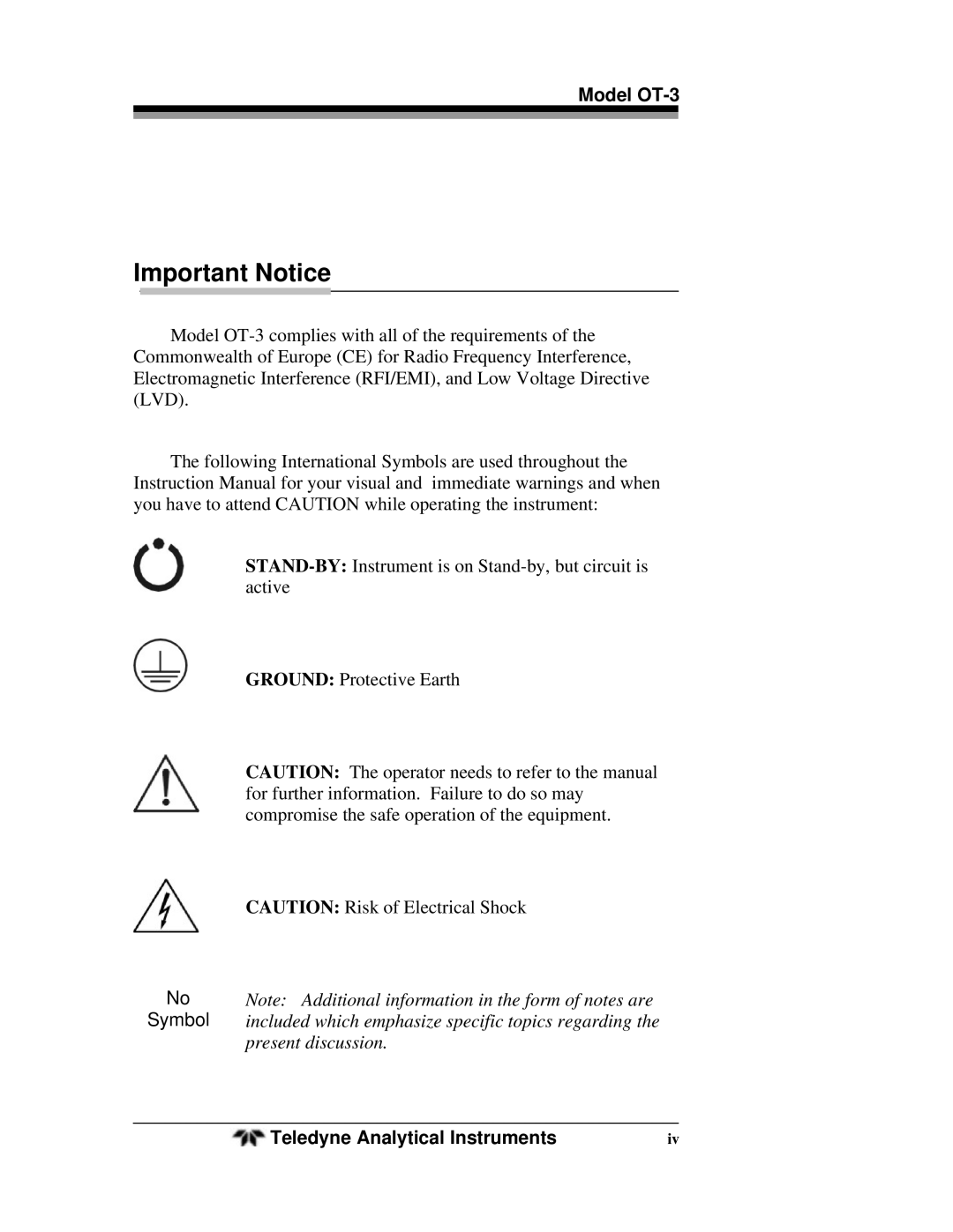 Teledyne OT-3 operating instructions Important Notice 