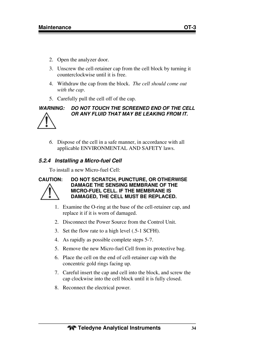 Teledyne OT-3 operating instructions Installing a Micro-fuel Cell 