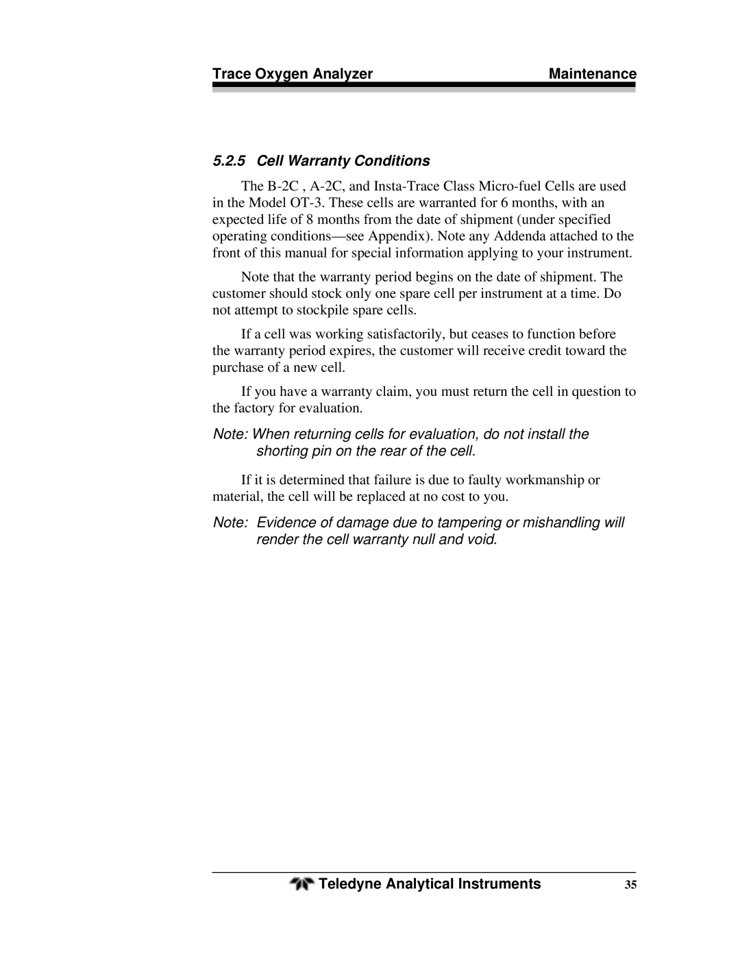 Teledyne OT-3 operating instructions Cell Warranty Conditions 