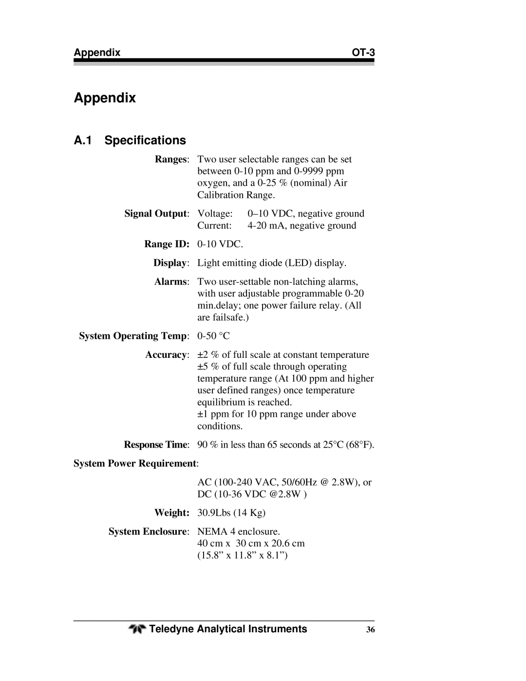 Teledyne operating instructions Specifications, AppendixOT-3 