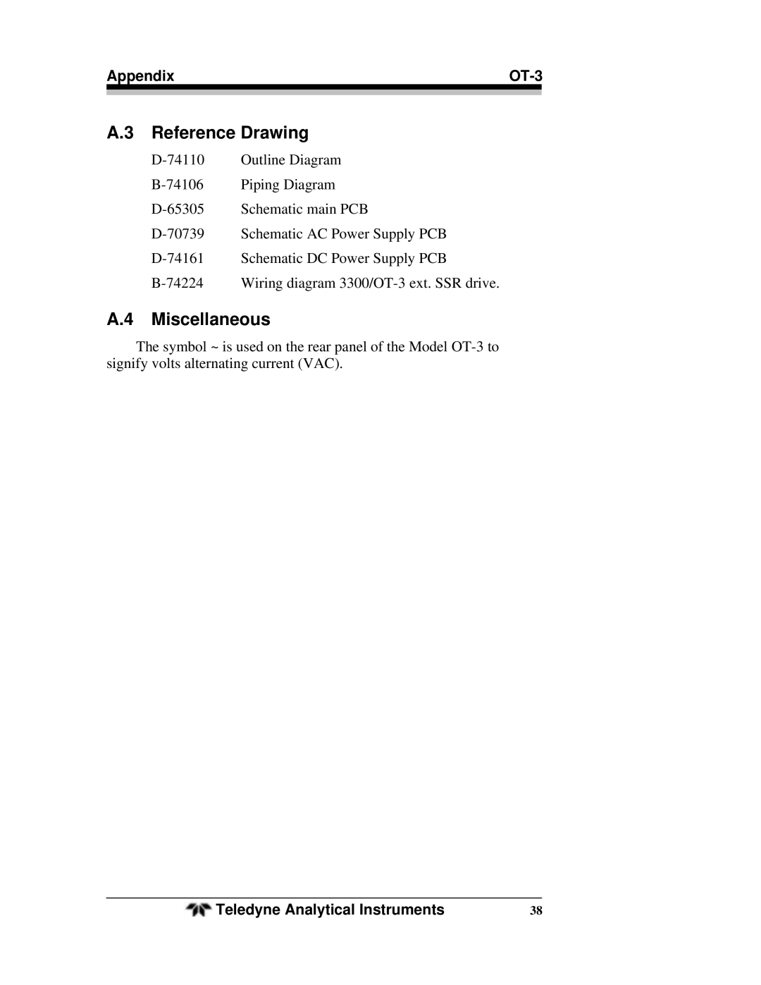 Teledyne operating instructions Reference Drawing, Miscellaneous, Appendix OT-3 