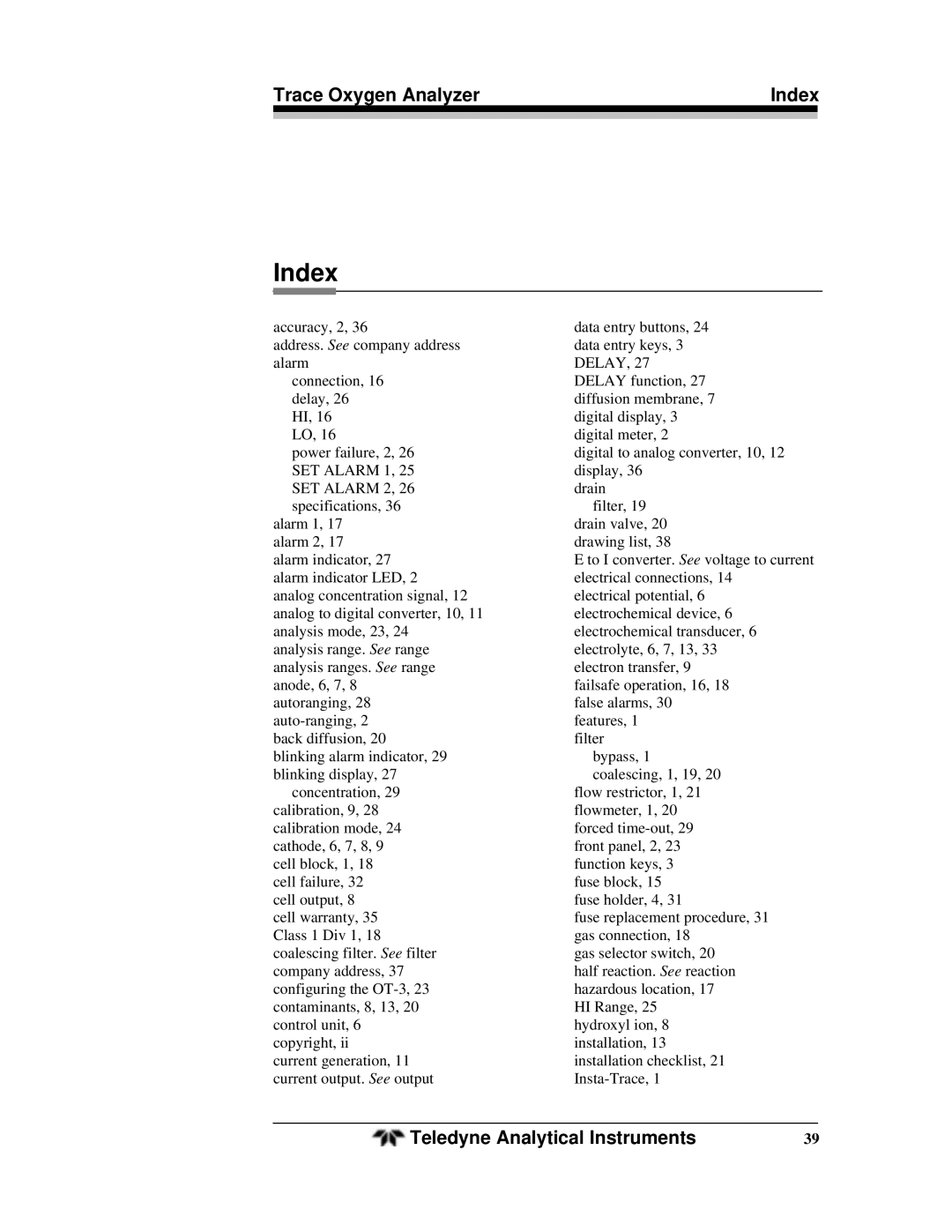 Teledyne OT-3 operating instructions Trace Oxygen Analyzer Index 