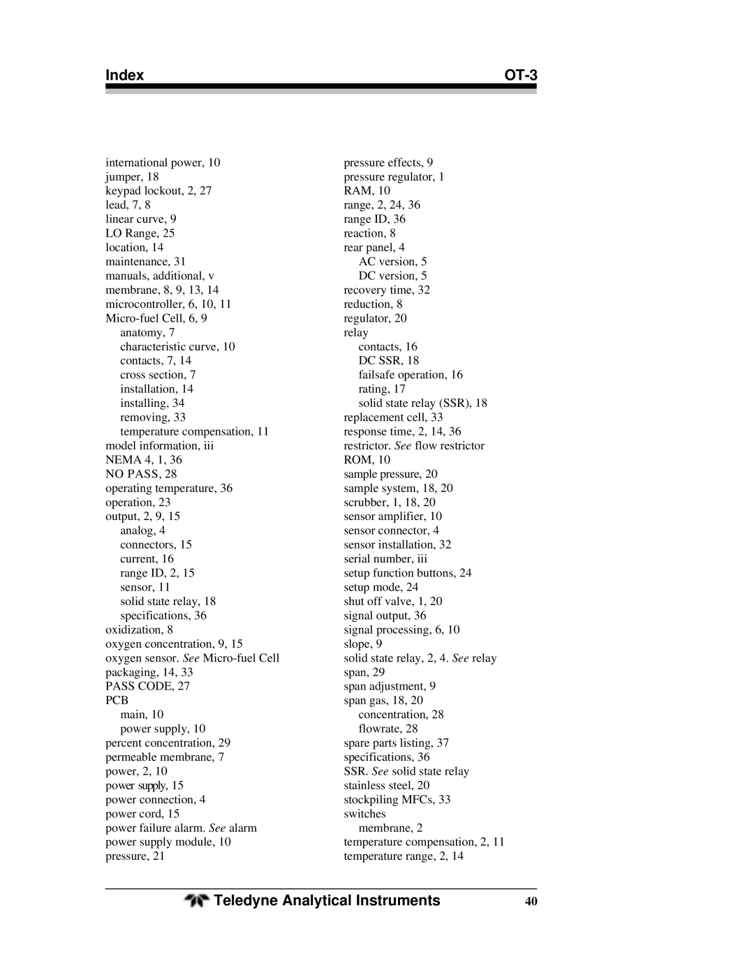 Teledyne operating instructions Index OT-3, No Pass 