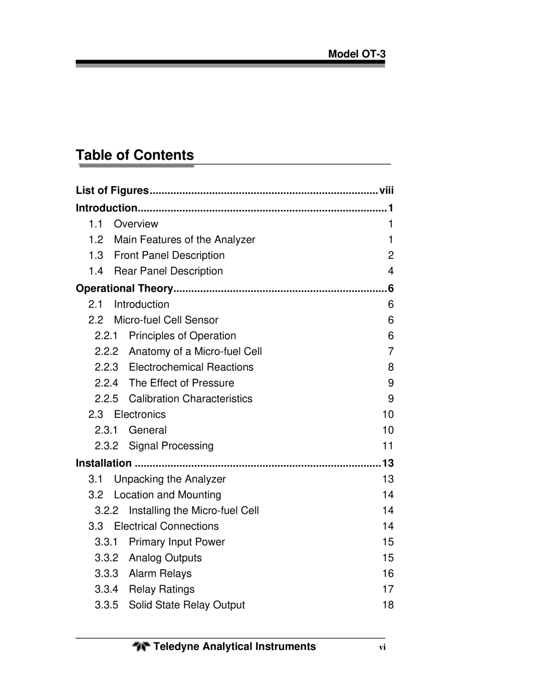 Teledyne OT-3 operating instructions Table of Contents 