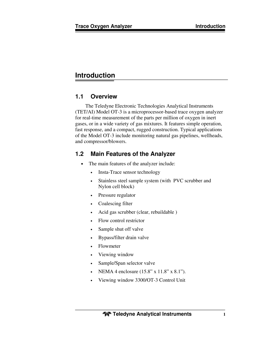 Teledyne OT-3 operating instructions Overview, Main Features of the Analyzer, Trace Oxygen Analyzer Introduction 