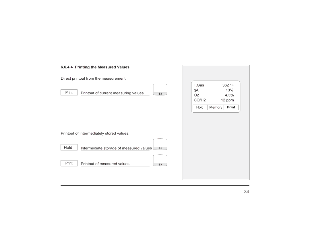 Teledyne PEM 9002 manual Printing the Measured Values, Printout of current measuring values, Printout of measured values 