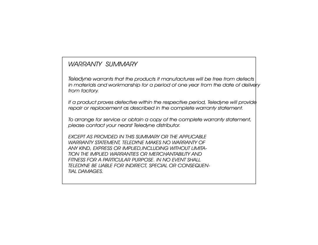 Teledyne PEM 9002 manual Warranty Summary 