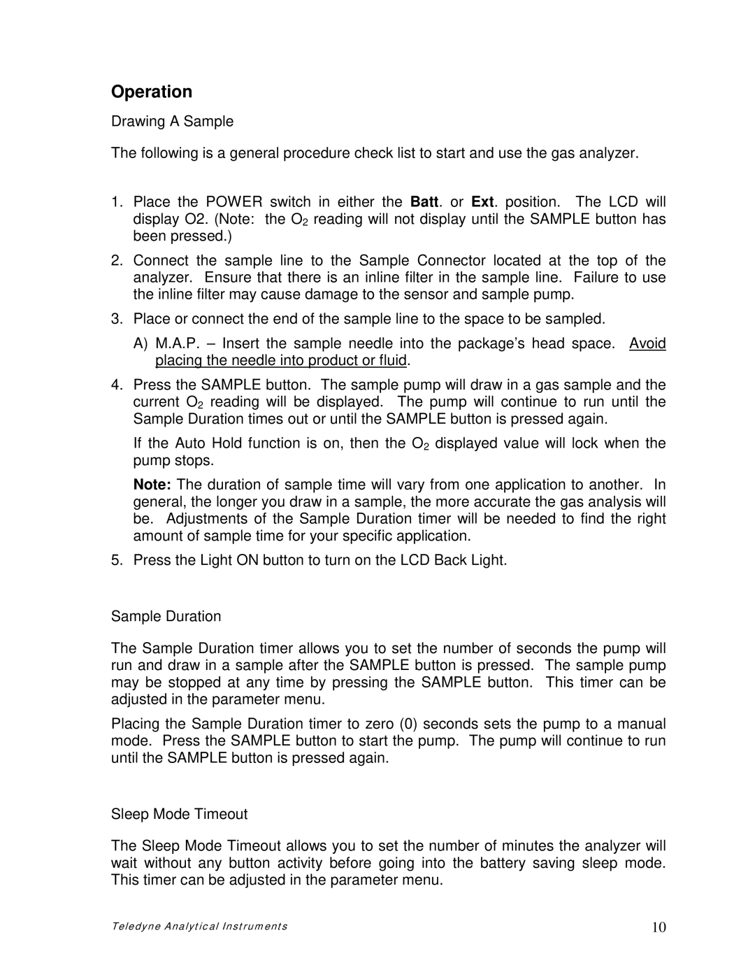 Teledyne pjnmoo385 owner manual Operation, Drawing a Sample, Sample Duration, Sleep Mode Timeout 