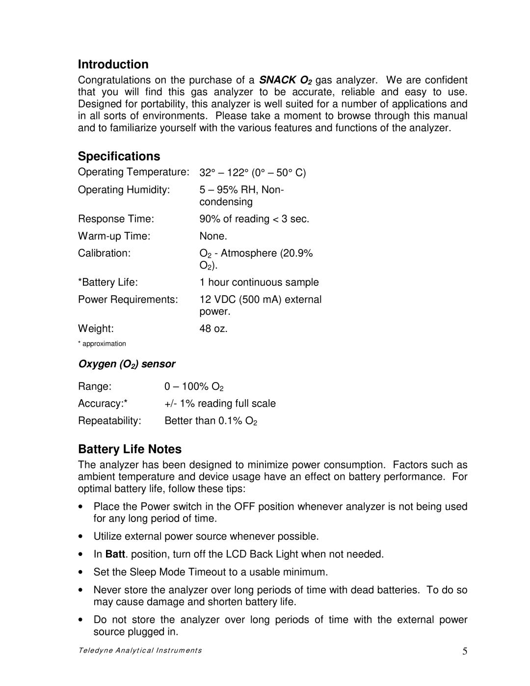 Teledyne pjnmoo385 owner manual Introduction, Specifications, Battery Life Notes, Oxygen O2 sensor 