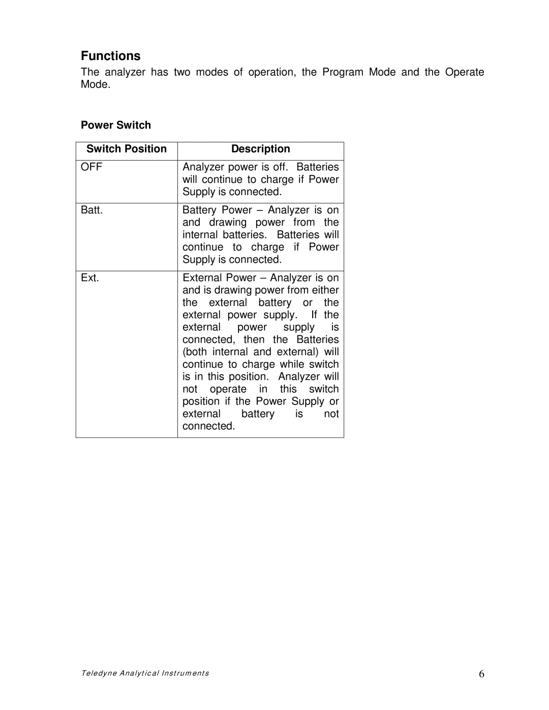 Teledyne pjnmoo385 owner manual Functions, Power Switch Switch Position Description 