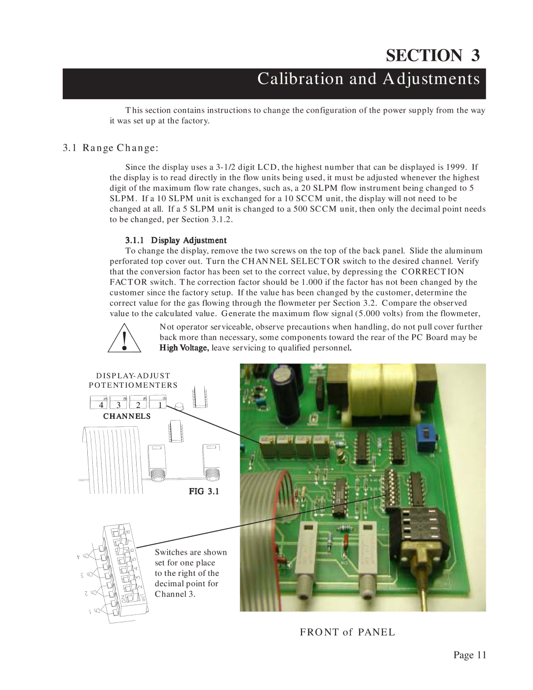 Teledyne 40, Power Supply instruction manual Calibration and Adjustments, Range Change, Front of Panel, Display Adjustment 