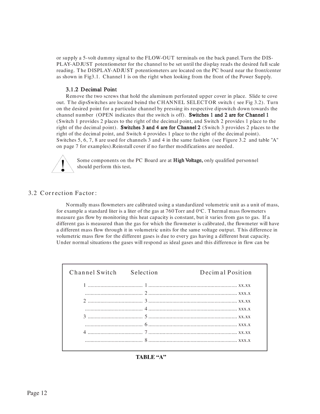 Teledyne Power Supply, 40 instruction manual Correction Factor, Channel Switch Selection Decimal Position 