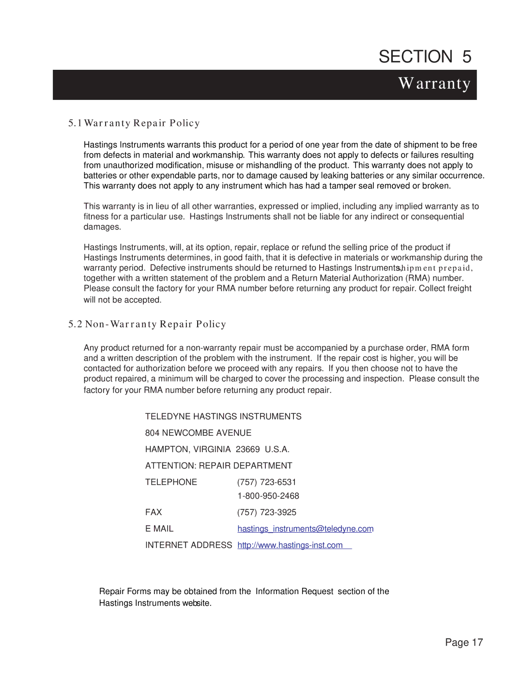 Teledyne 40, Power Supply instruction manual Non-Warranty Repair Policy 