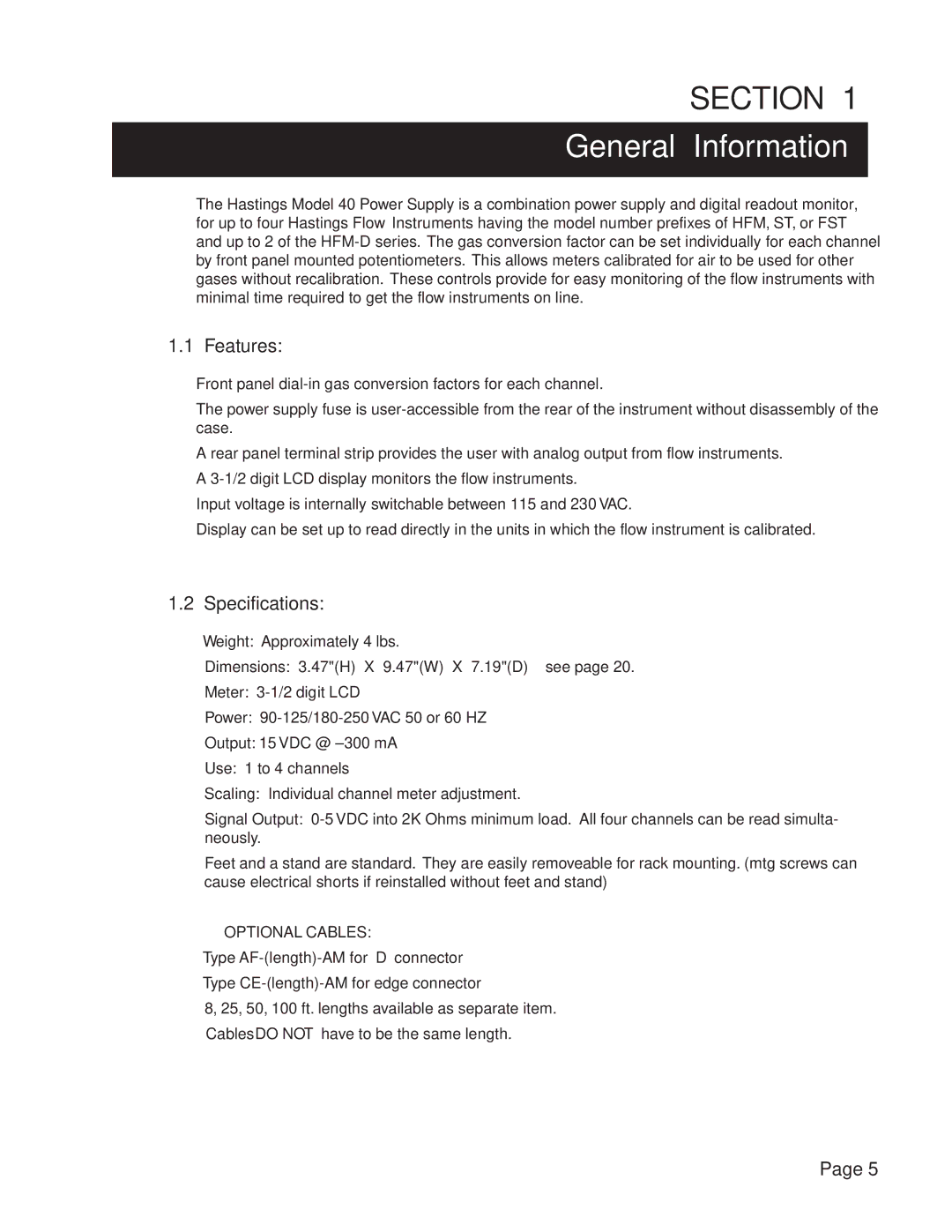 Teledyne 40, Power Supply instruction manual General Information, Features, Specifications 