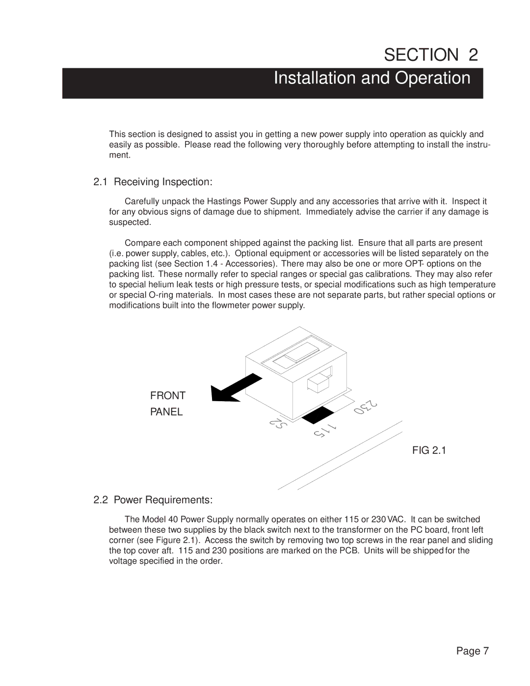 Teledyne 40, Power Supply instruction manual Installation and Operation, Receiving Inspection, Power Requirements 