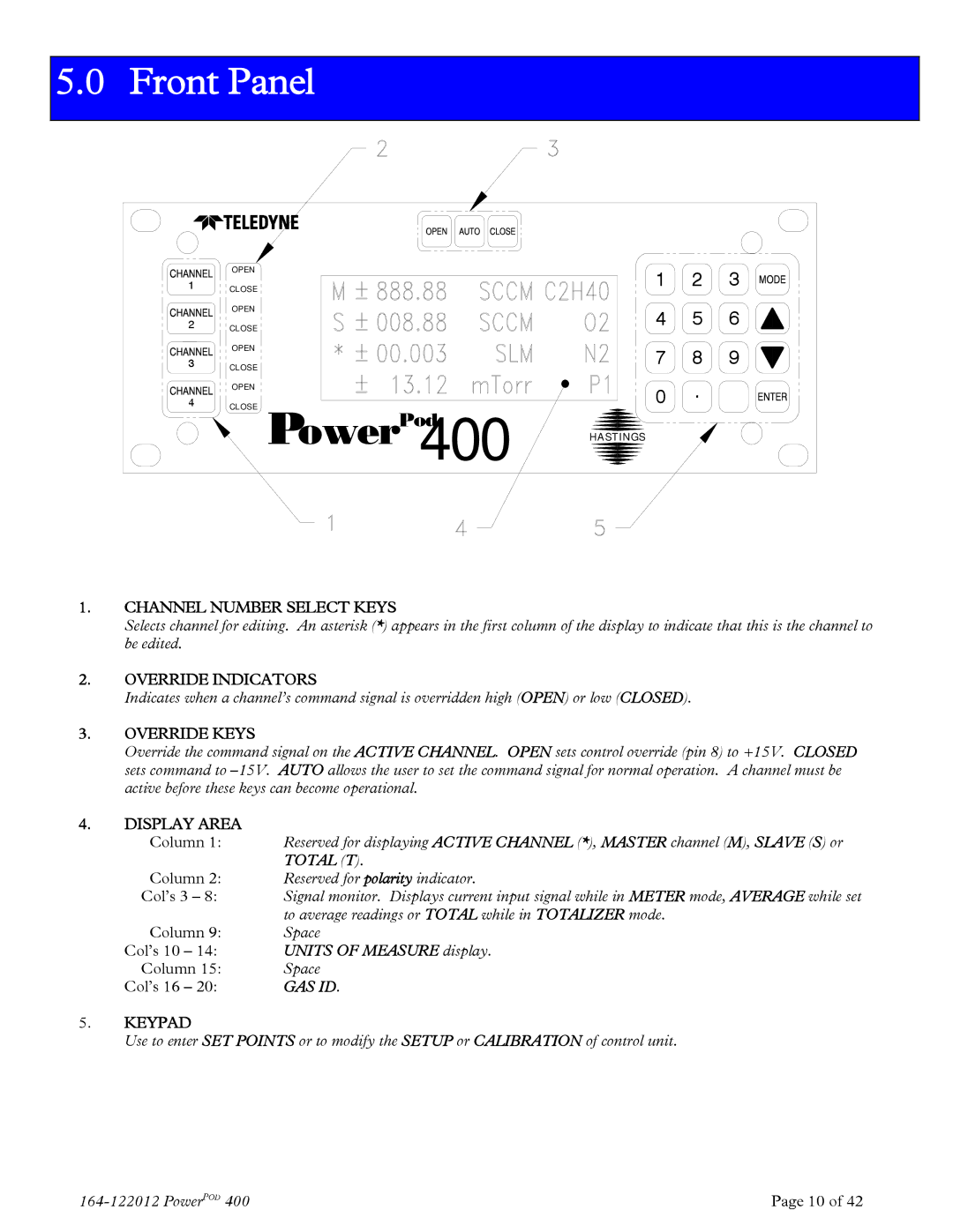 Teledyne powerpod 400 instruction manual Front Panel, Channel Number Select Keys 