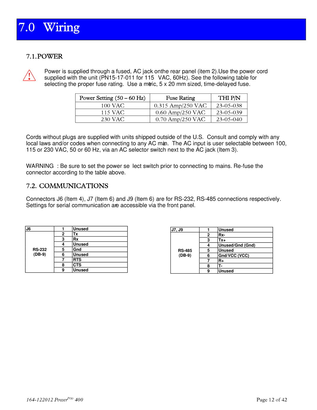 Teledyne powerpod 400 instruction manual Wiring, Power, Communications 