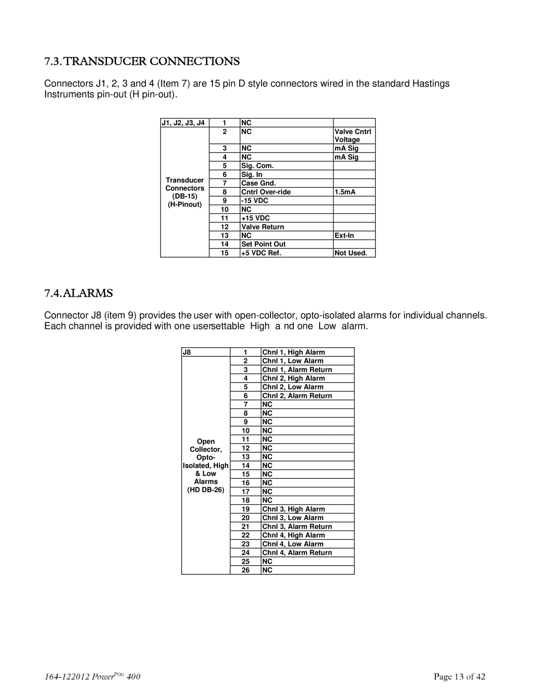 Teledyne powerpod 400 instruction manual Transducer Connections, Alarms 