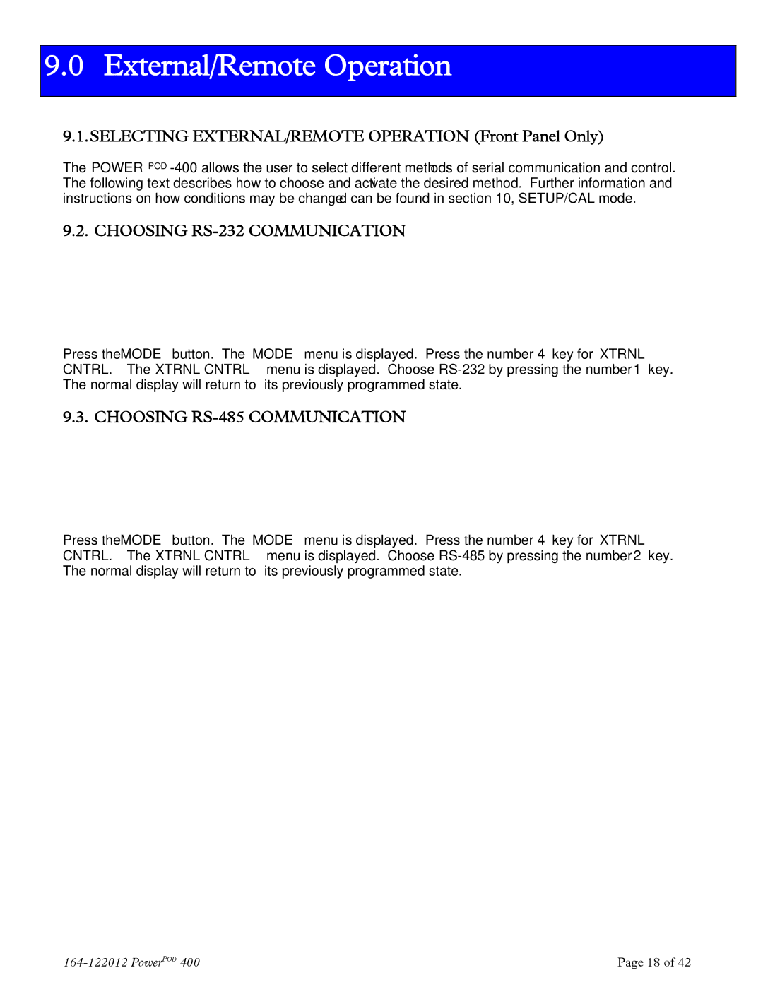 Teledyne powerpod 400 External/Remote Operation, Choosing RS-232 Communication, Choosing RS-485 Communication 