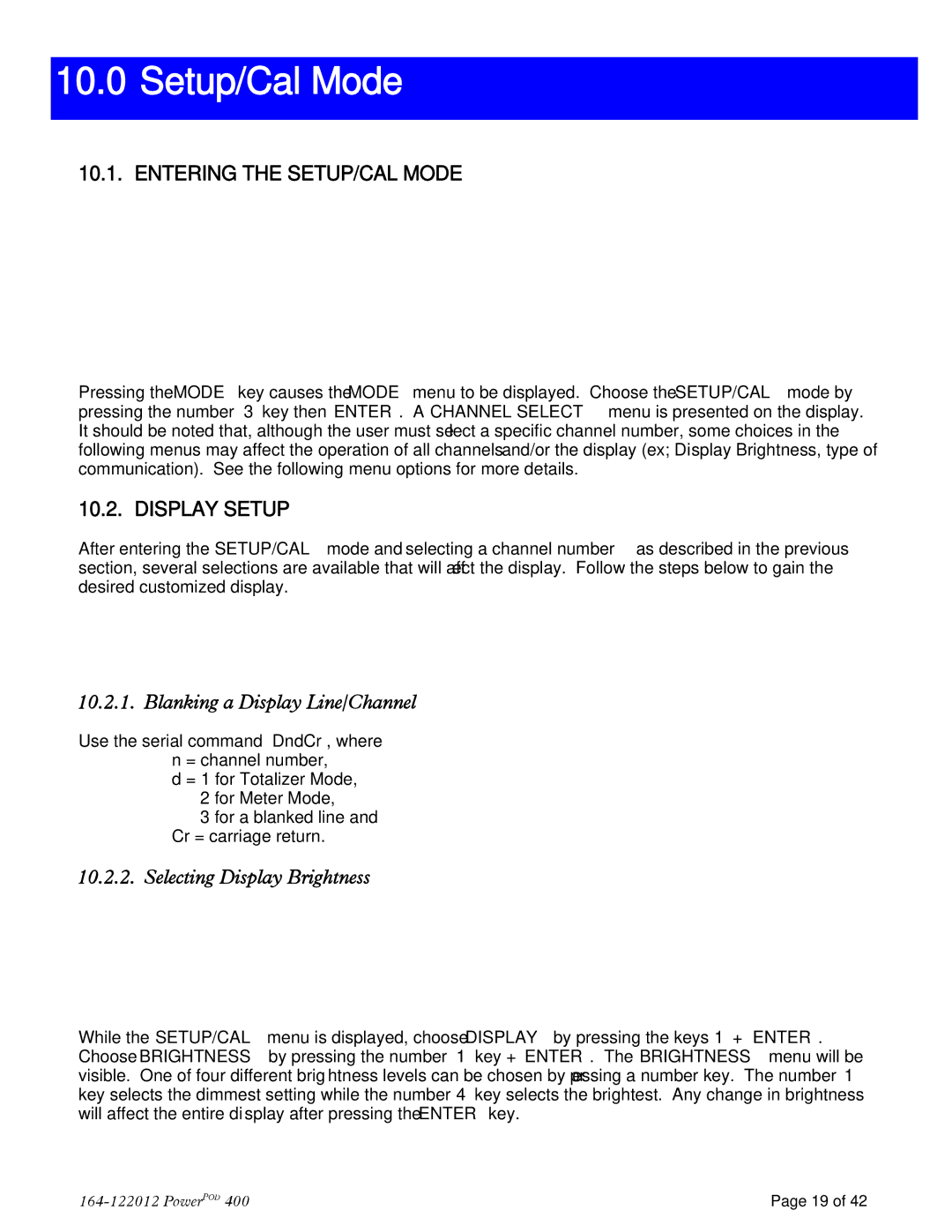 Teledyne powerpod 400 Setup/Cal Mode, Entering the SETUP/CAL Mode, Display Setup, Blanking a Display Line/Channel 