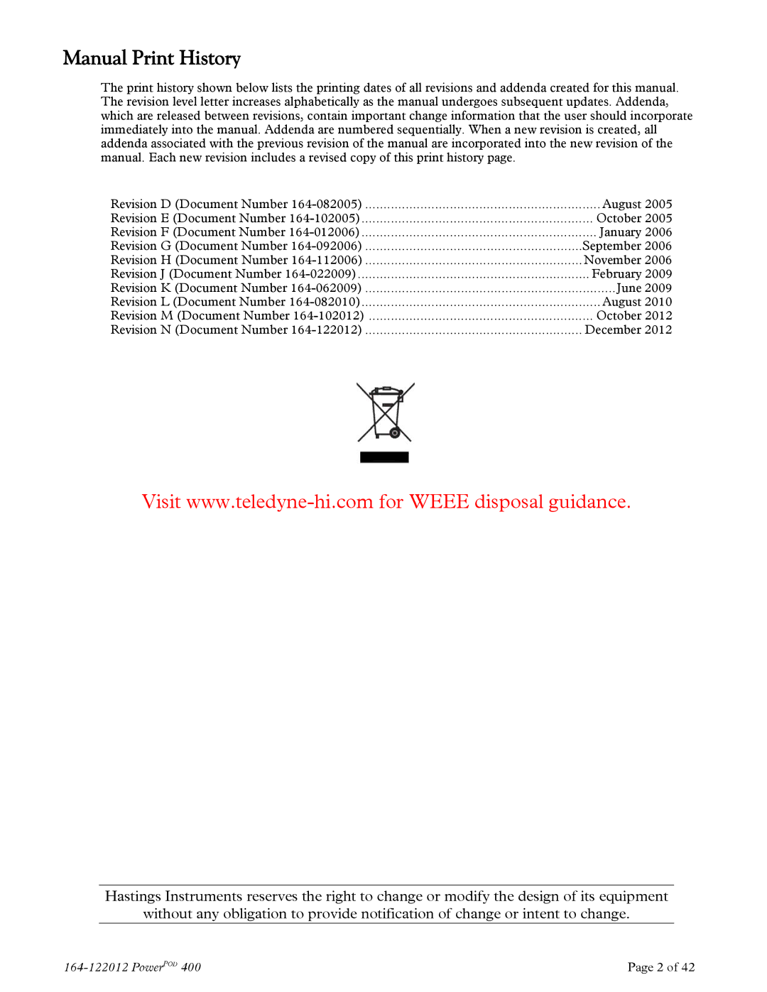 Teledyne powerpod 400 instruction manual Manual Print History 