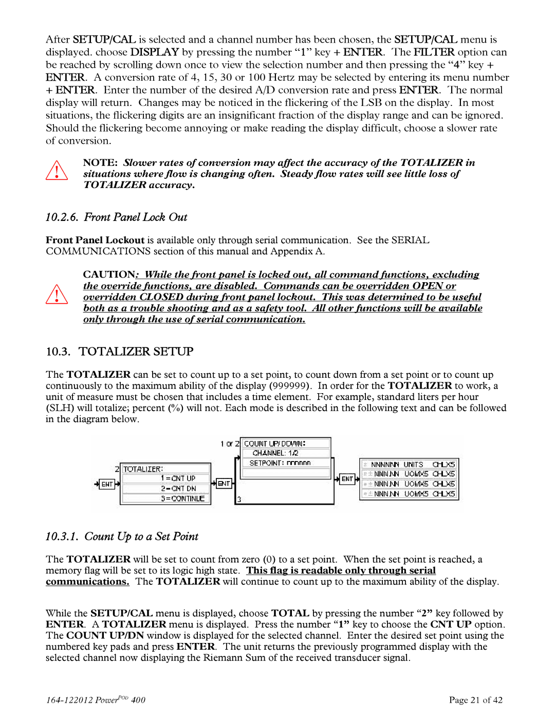 Teledyne powerpod 400 instruction manual Front Panel Lock Out, Totalizer Setup, Count Up to a Set Point 