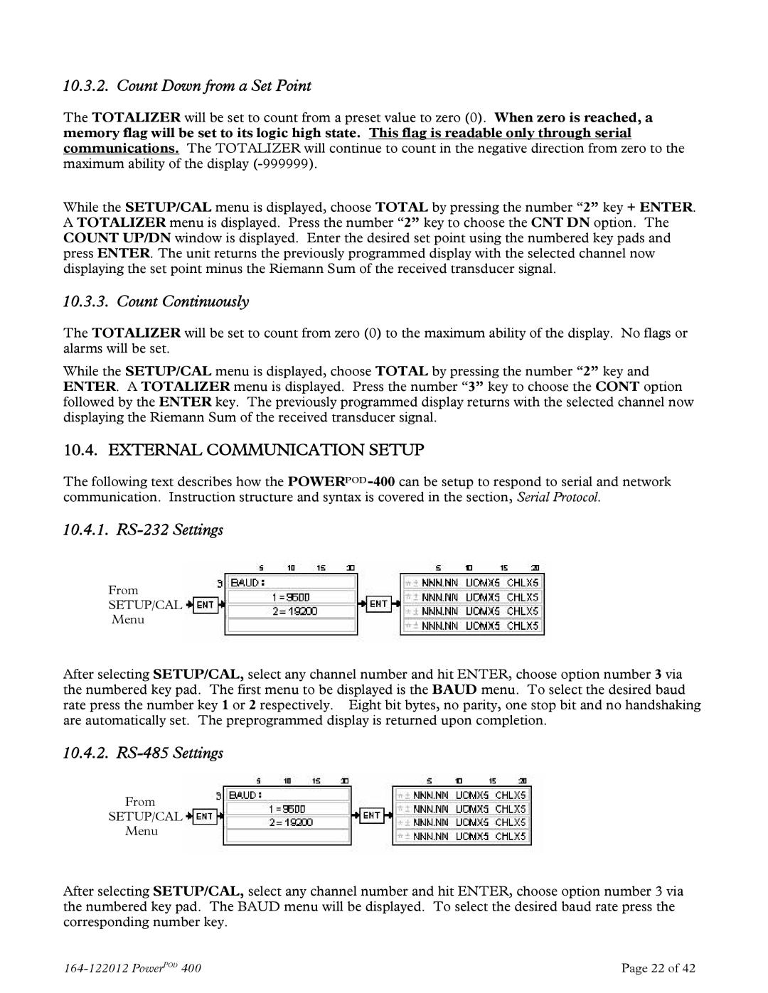 Teledyne powerpod 400 Count Down from a Set Point, Count Continuously, External Communication Setup, RS-232 Settings 