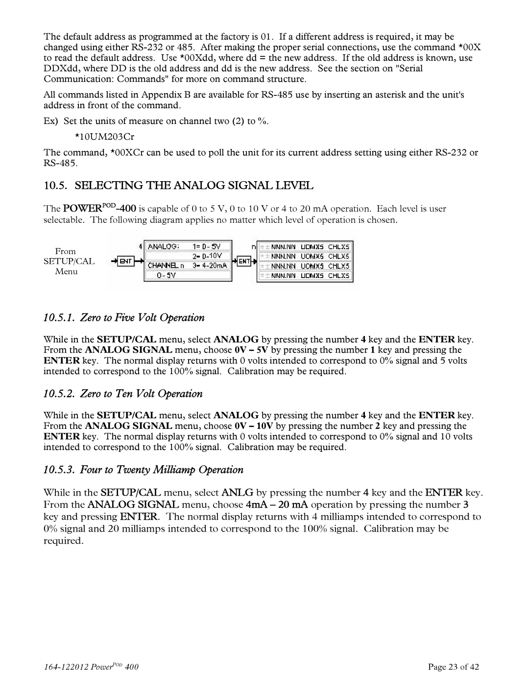 Teledyne powerpod 400 Selecting the Analog Signal Level, Zero to Five Volt Operation, Zero to Ten Volt Operation 