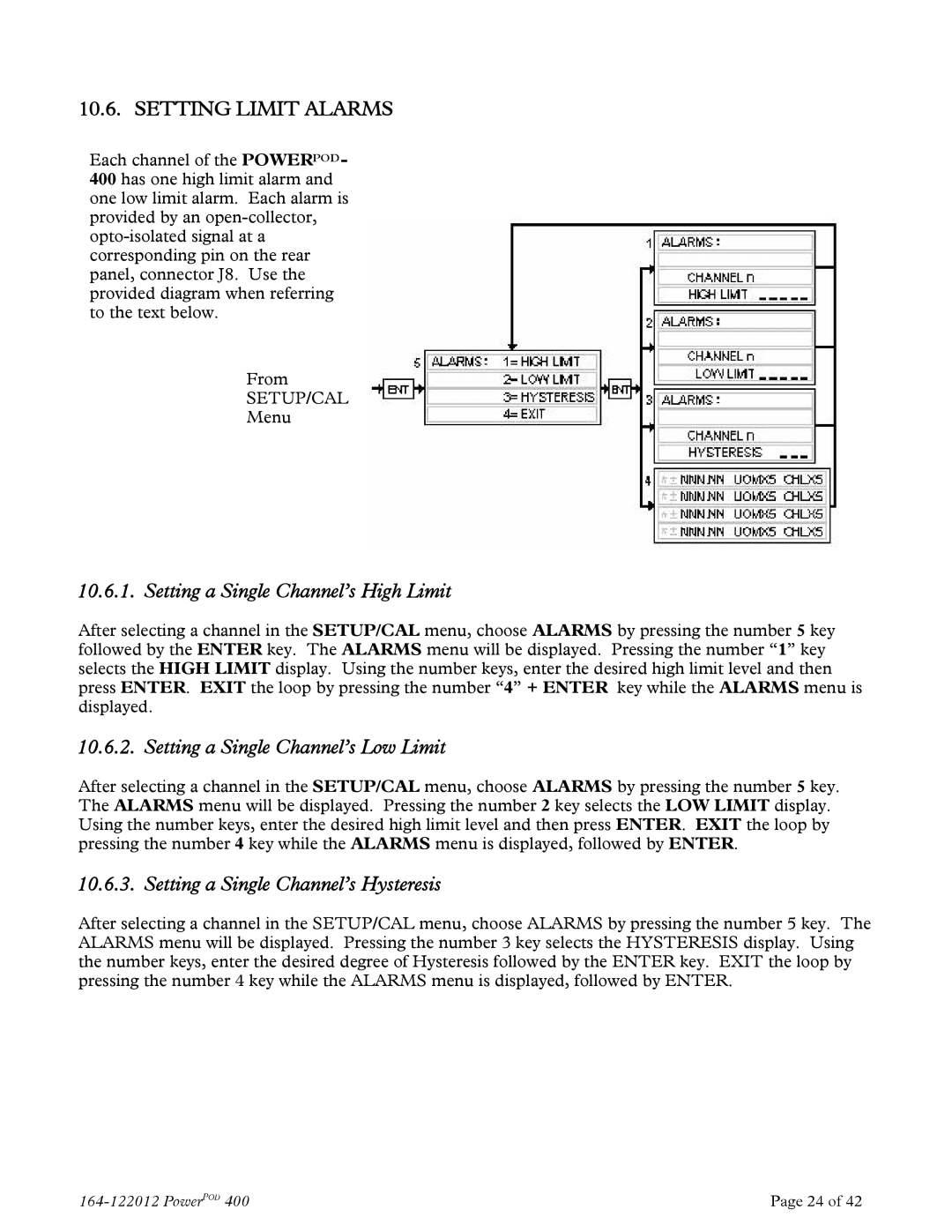 Teledyne powerpod 400 Setting Limit Alarms, Setting a Single Channel’s High Limit, Setting a Single Channel’s Low Limit 