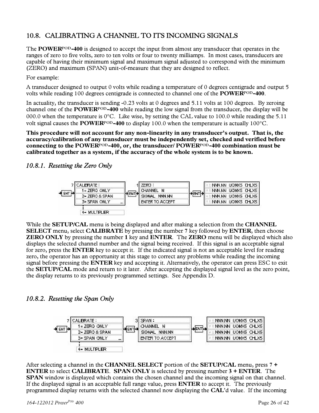 Teledyne powerpod 400 Calibrating a Channel to ITS Incoming Signals, Resetting the Zero Only, Resetting the Span Only 