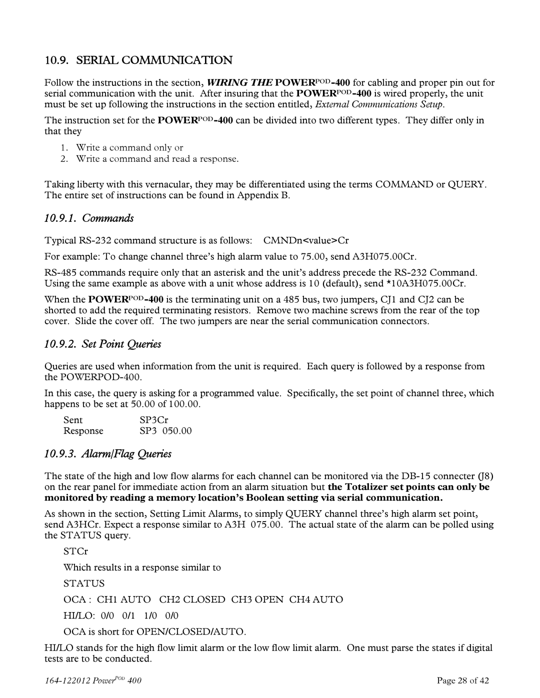 Teledyne powerpod 400 instruction manual Serial Communication, Commands, Set Point Queries, Alarm/Flag Queries 