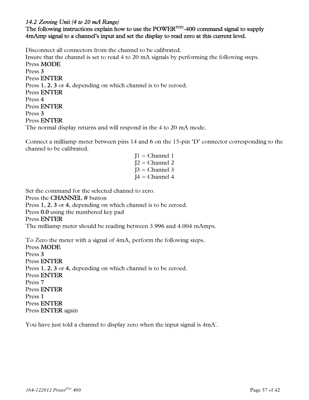 Teledyne powerpod 400 instruction manual Zeroing Unit 4 to 20 mA Range 