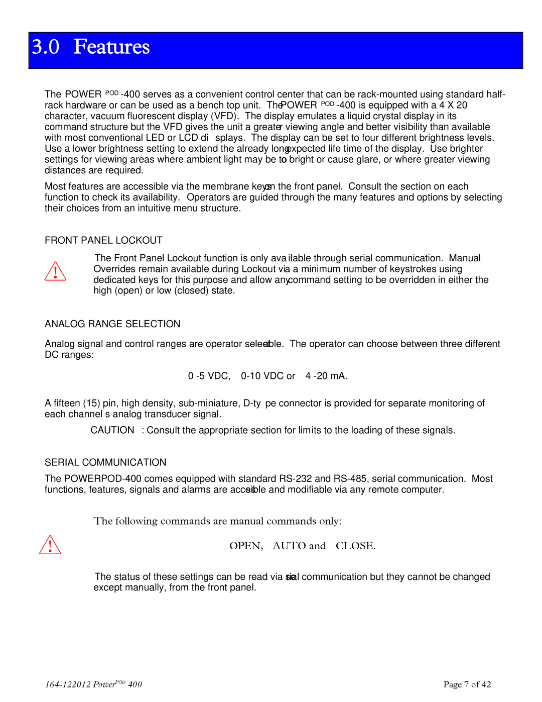 Teledyne powerpod 400 instruction manual Features, Front Panel Lockout 