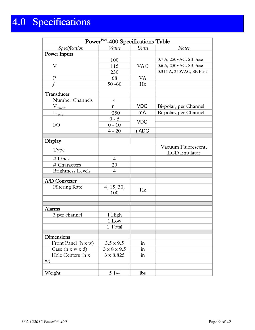 Teledyne powerpod 400 instruction manual PowerPod-400 Specifications Table 