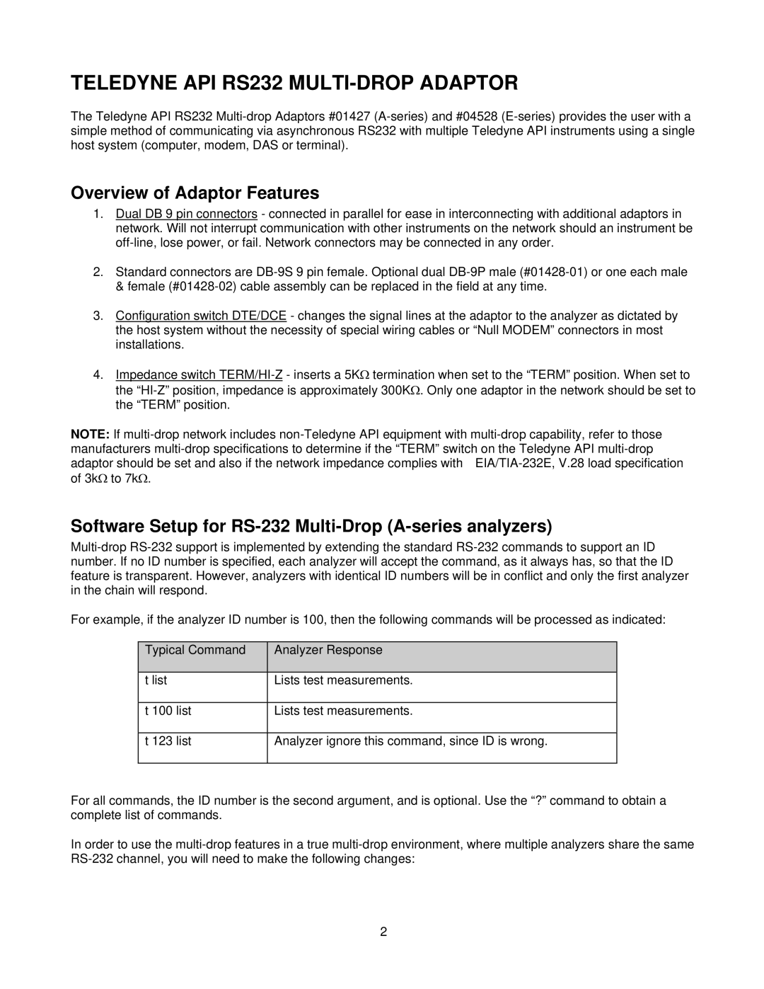 Teledyne manual Overview of Adaptor Features, Software Setup for RS-232 Multi-Drop A-series analyzers 