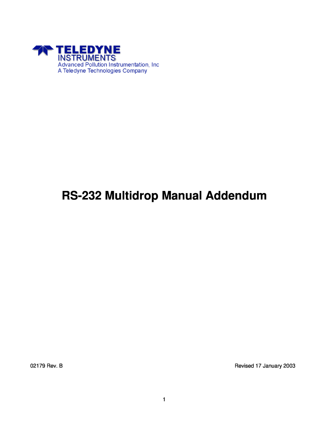 Teledyne manual RS-232 Multidrop Manual Addendum, 02179 Rev. B, Revised 17 January 