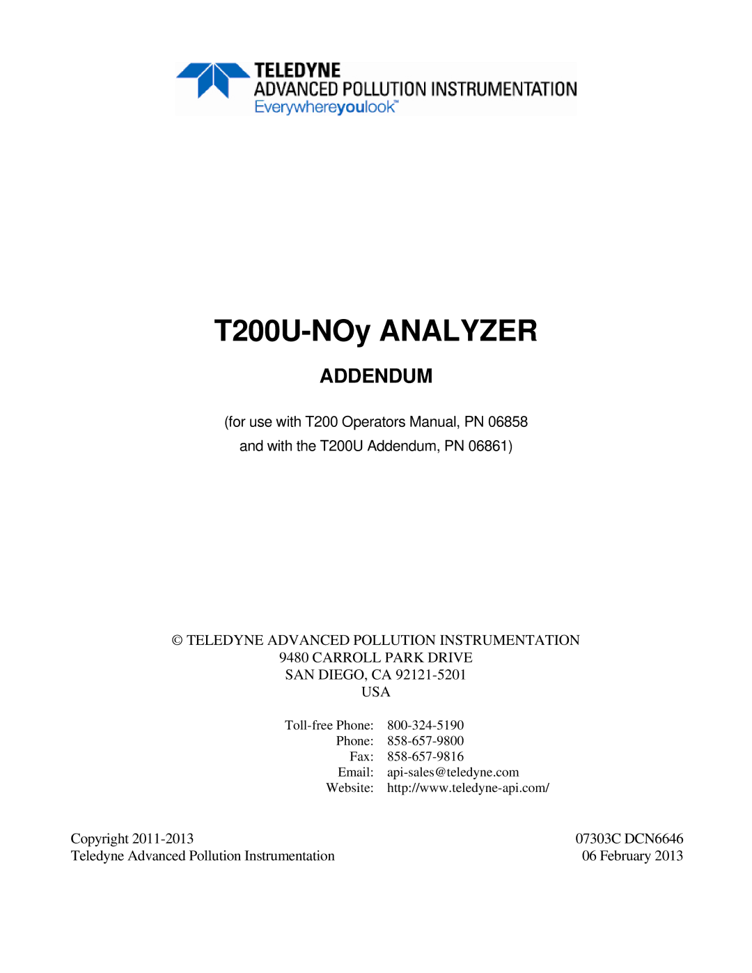 Teledyne manual T200U-NOy Analyzer 