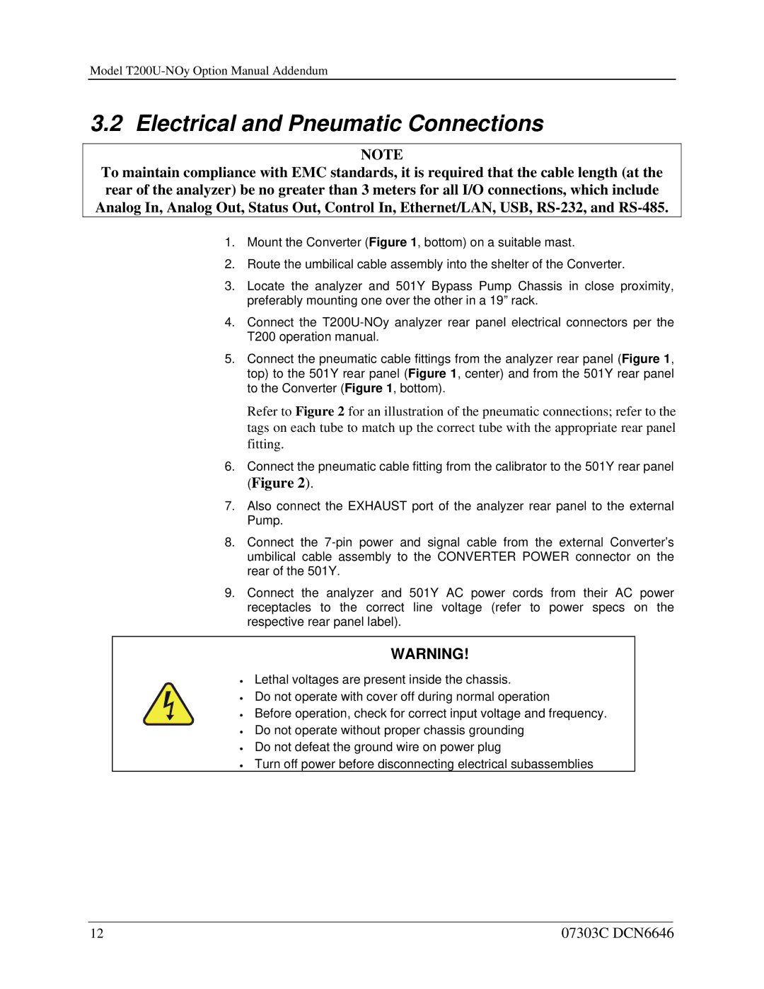 Teledyne T200U-NOy manual Electrical and Pneumatic Connections 