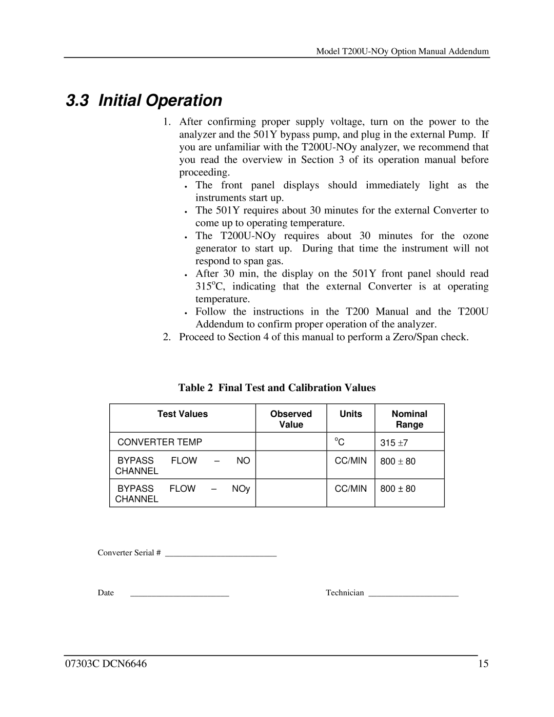 Teledyne T200U-NOy manual Initial Operation, Final Test and Calibration Values 