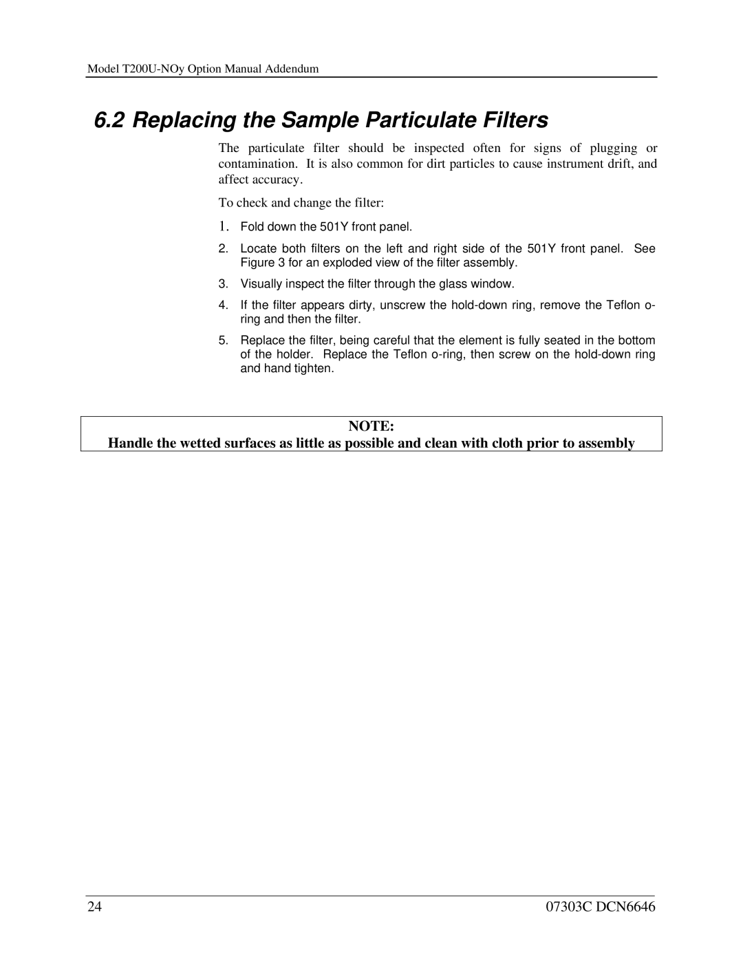 Teledyne T200U-NOy manual Replacing the Sample Particulate Filters 