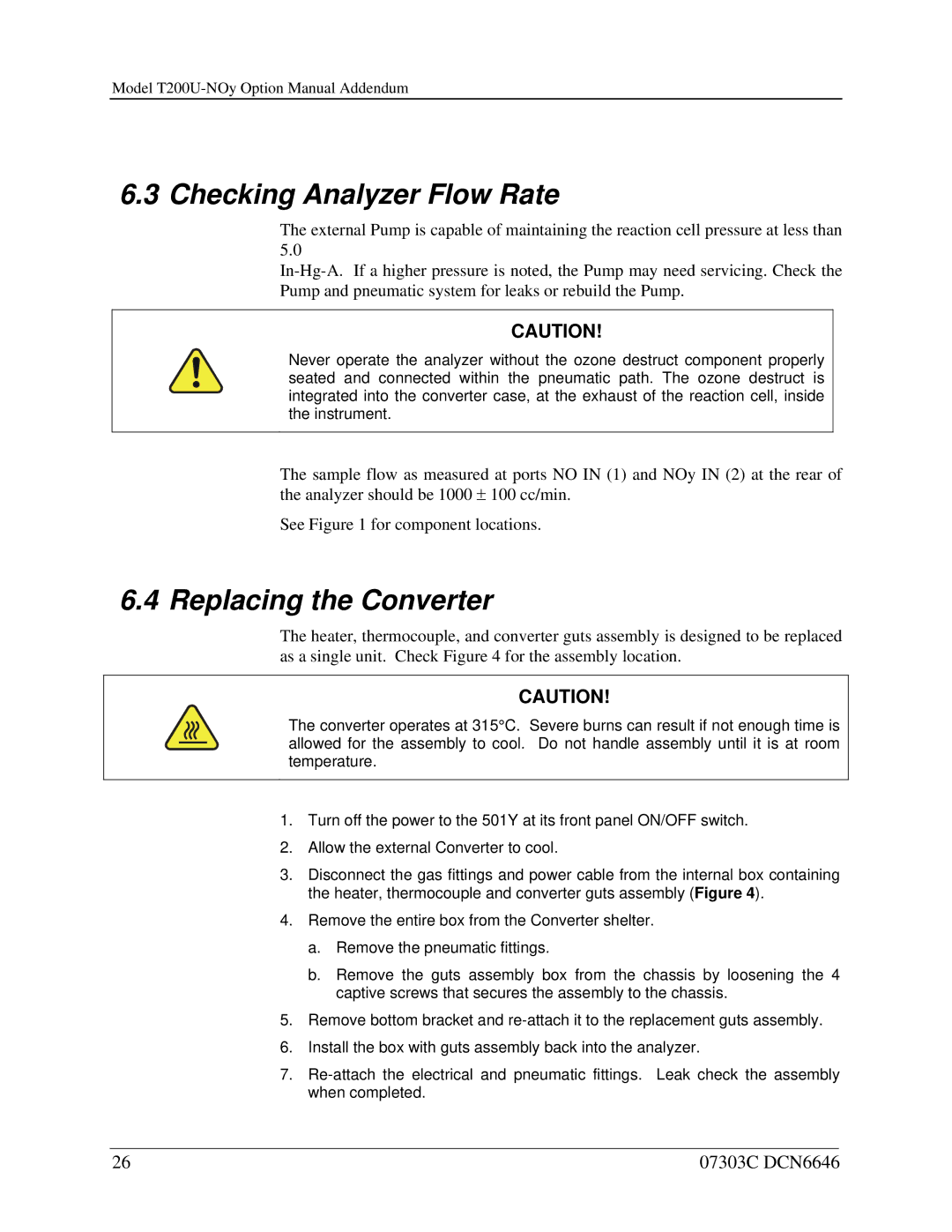 Teledyne T200U-NOy manual Checking Analyzer Flow Rate, Replacing the Converter 