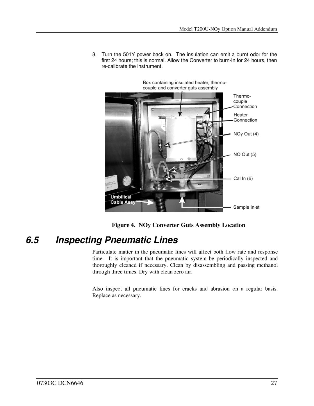 Teledyne T200U-NOy manual Inspecting Pneumatic Lines, NOy Converter Guts Assembly Location 