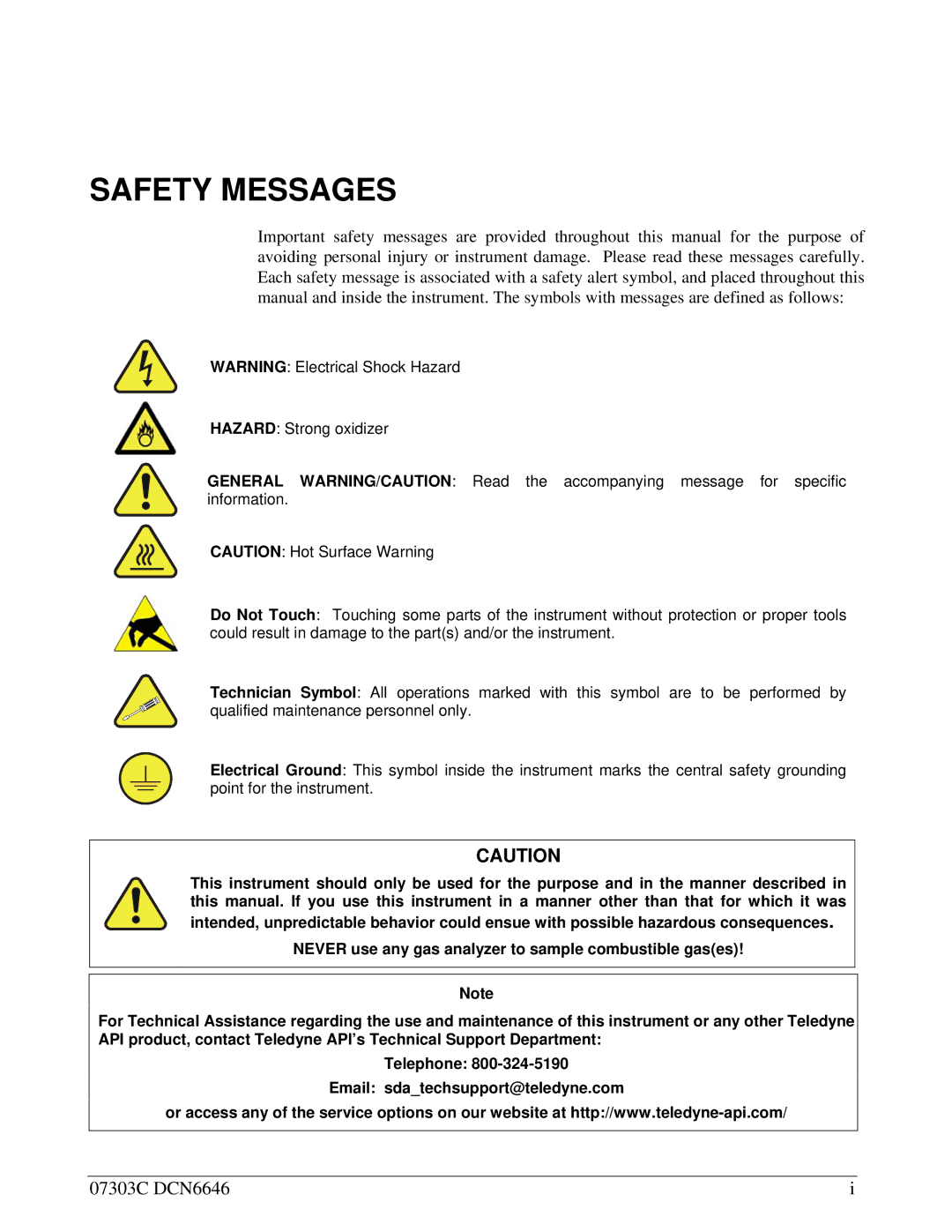 Teledyne T200U-NOy manual Safety Messages 