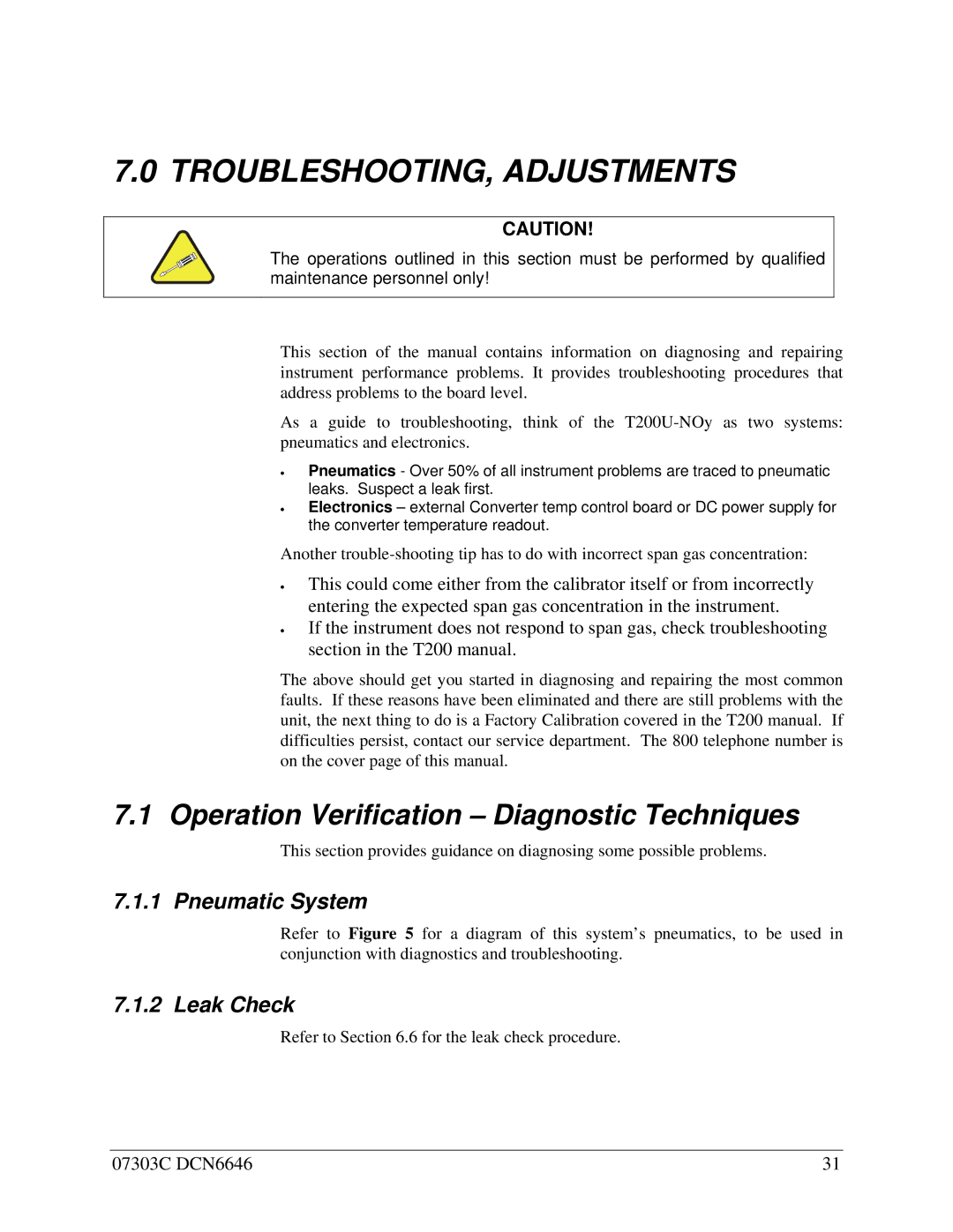 Teledyne T200U-NOy manual TROUBLESHOOTING, Adjustments, Operation Verification Diagnostic Techniques 