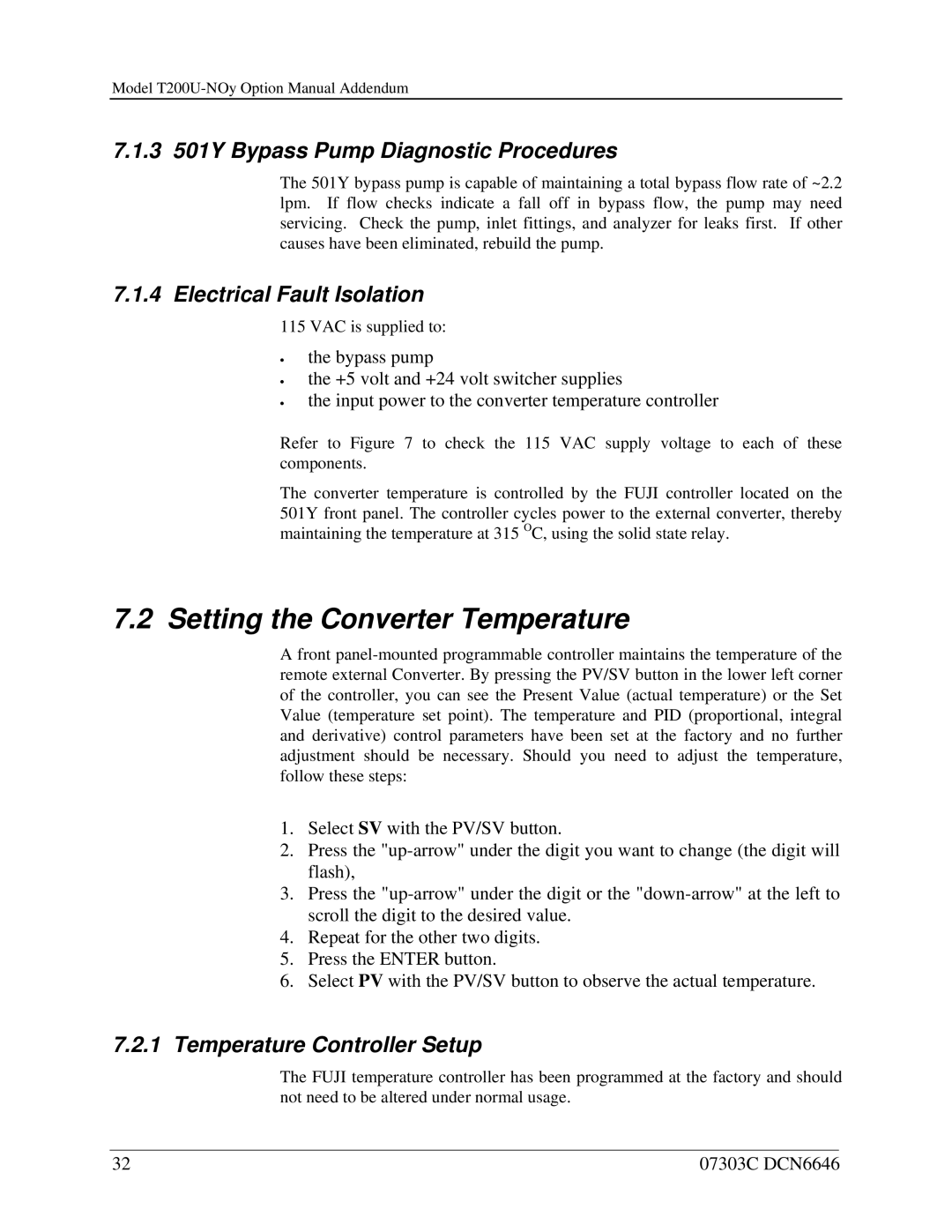 Teledyne T200U-NOy manual Setting the Converter Temperature, 3 501Y Bypass Pump Diagnostic Procedures 