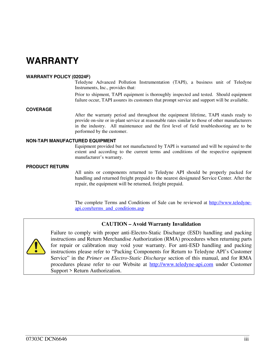 Teledyne T200U-NOy manual Warranty 