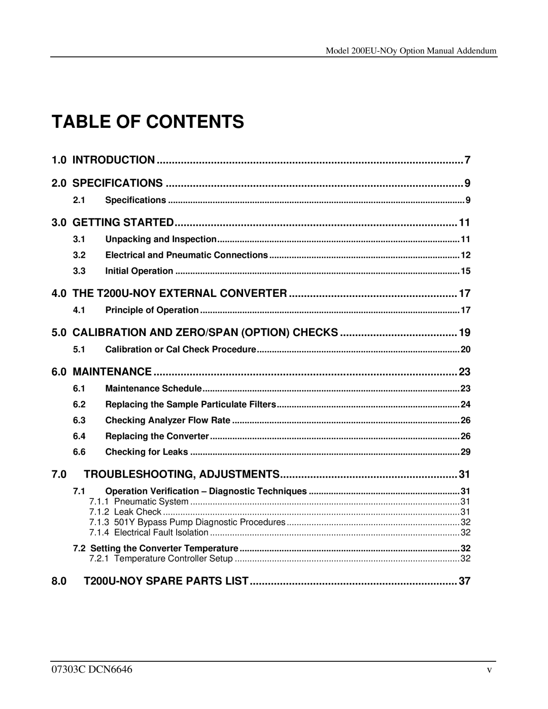 Teledyne T200U-NOy manual Table of Contents 